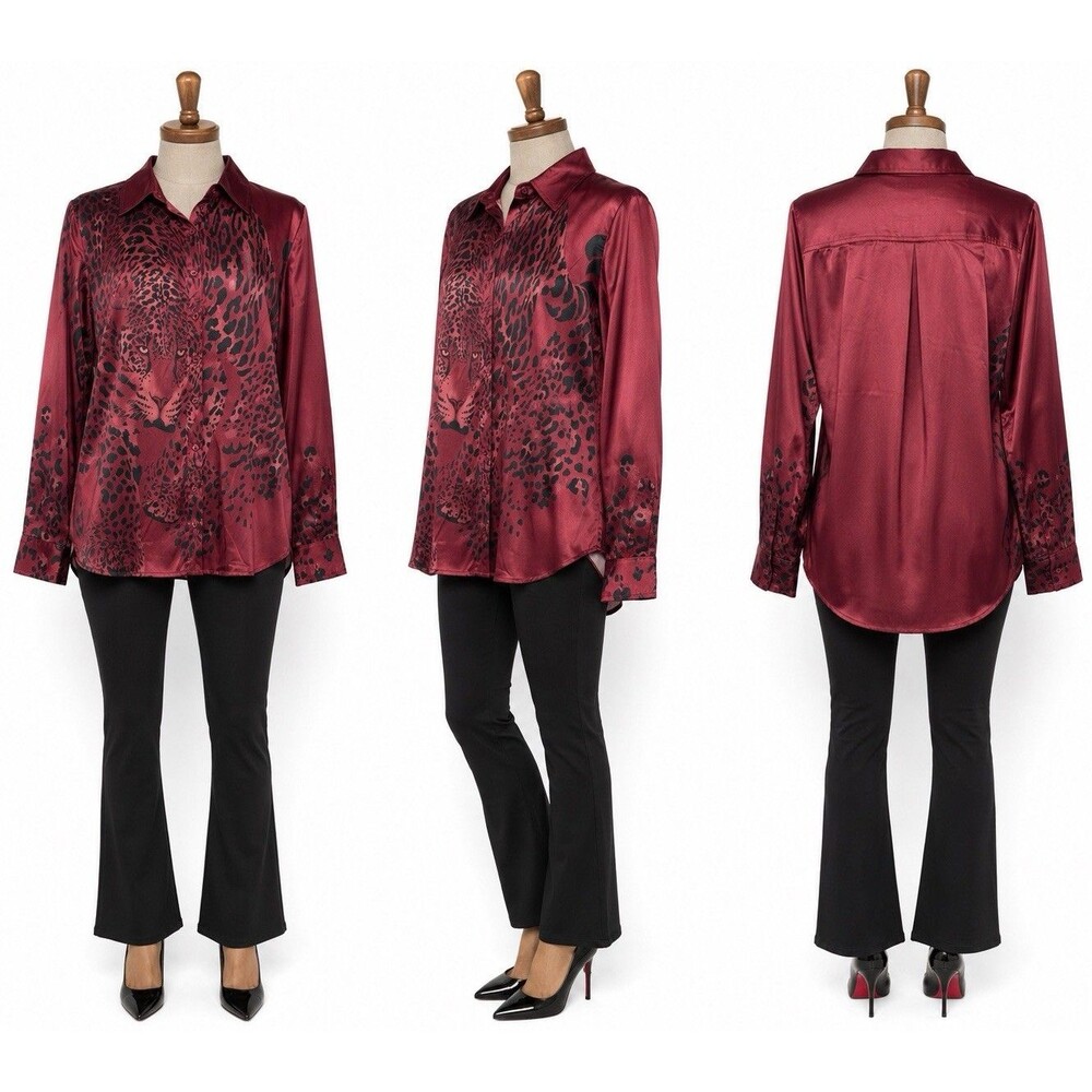 RQ Collection Womens M Burgundy Satin Leopard Print Button Up Blouse Animal Y2K